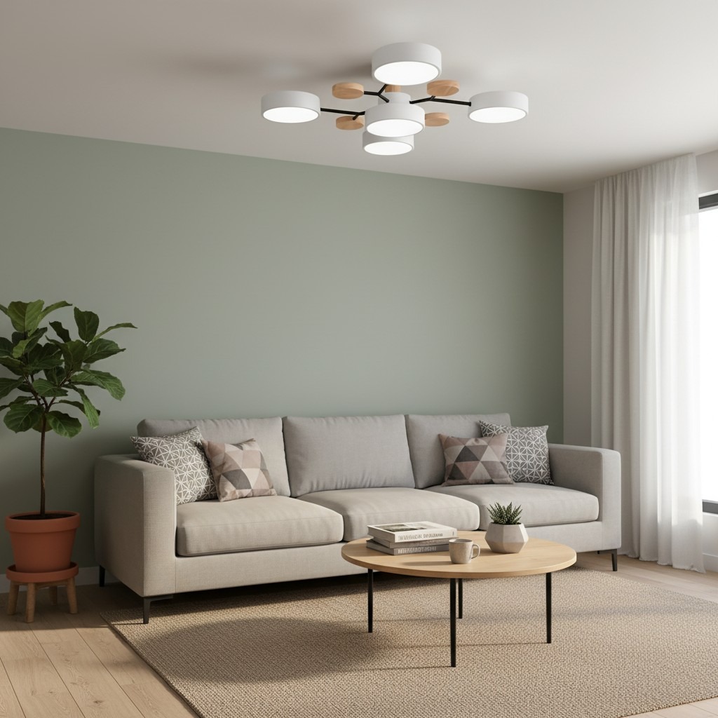 Plafondlamp in woonkamer met groene wand