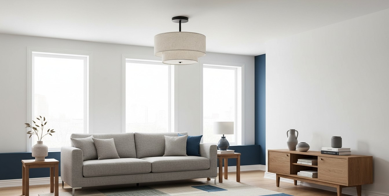 Plafondlamp in boerderijstijl met linnen lampenkap in woonkamer