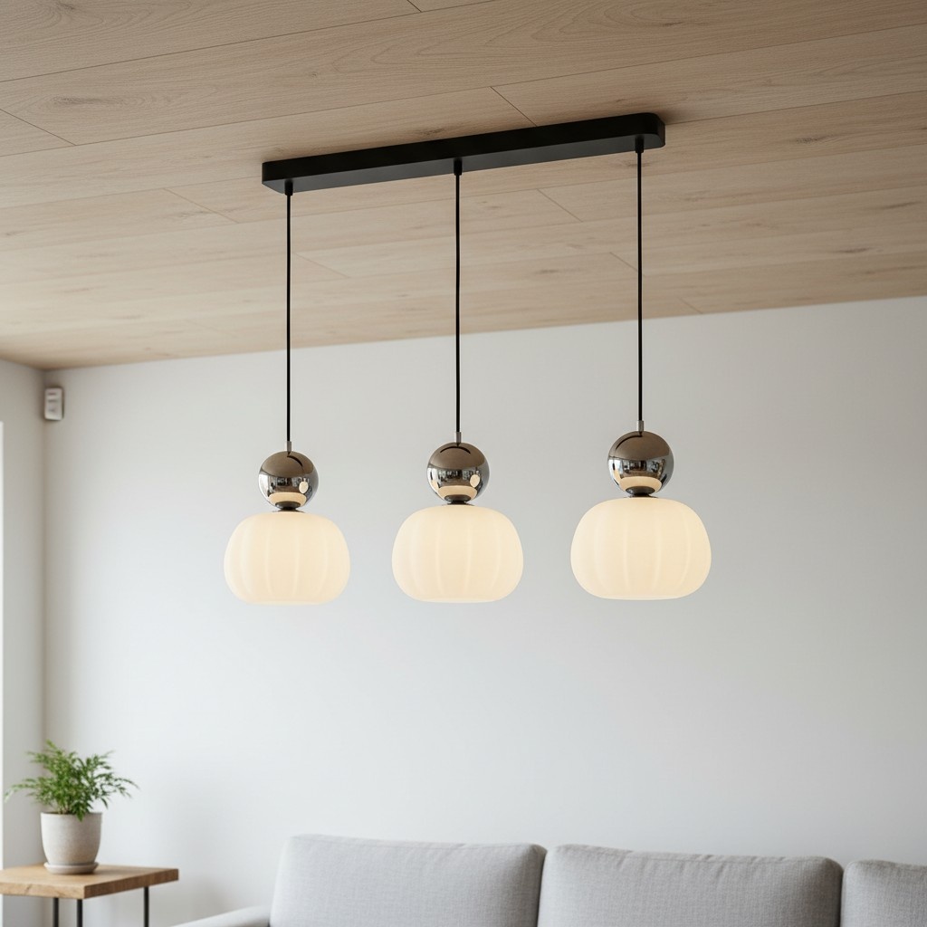 Driekoppige Ornavigo hanglamp boven bank