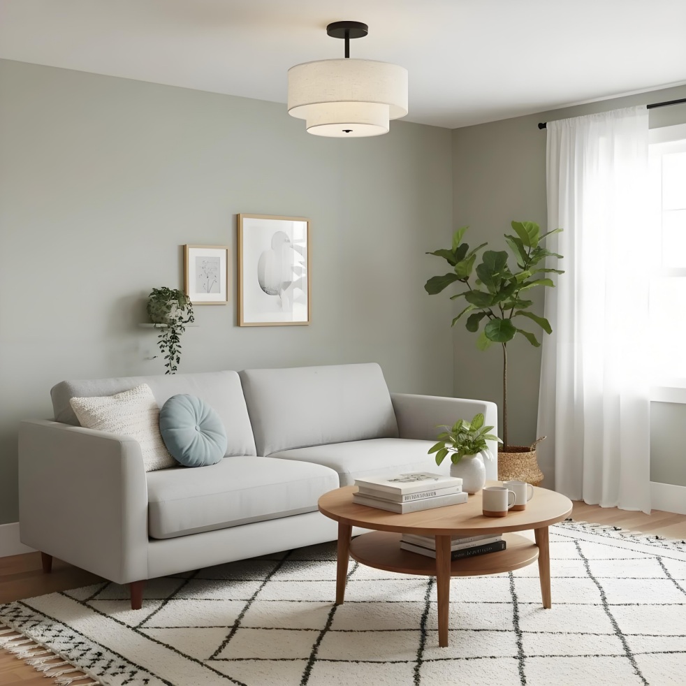 Woonkamer met plafondlamp met linnen kap