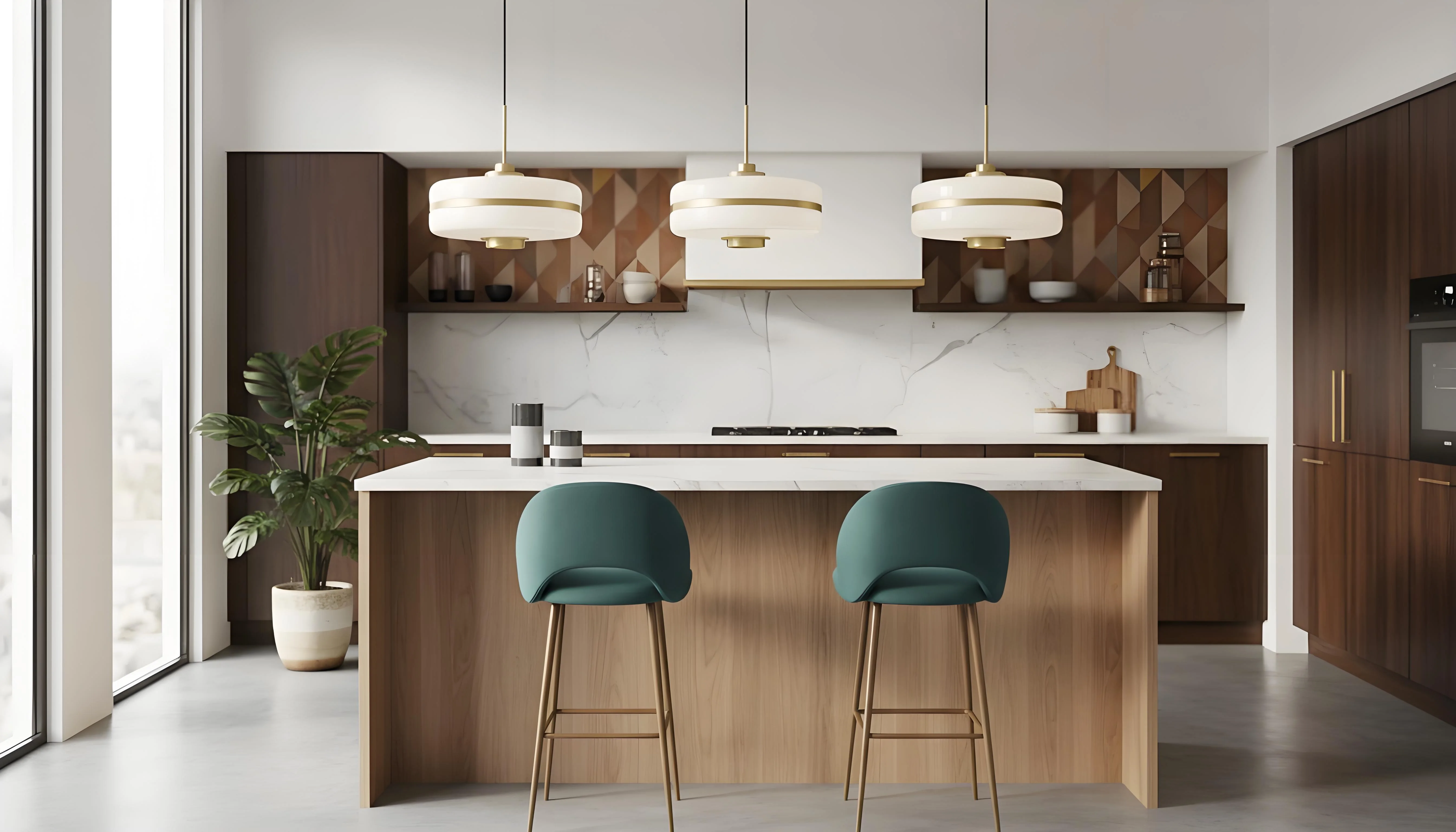 Moderne glazen hanglamp in een keuken
