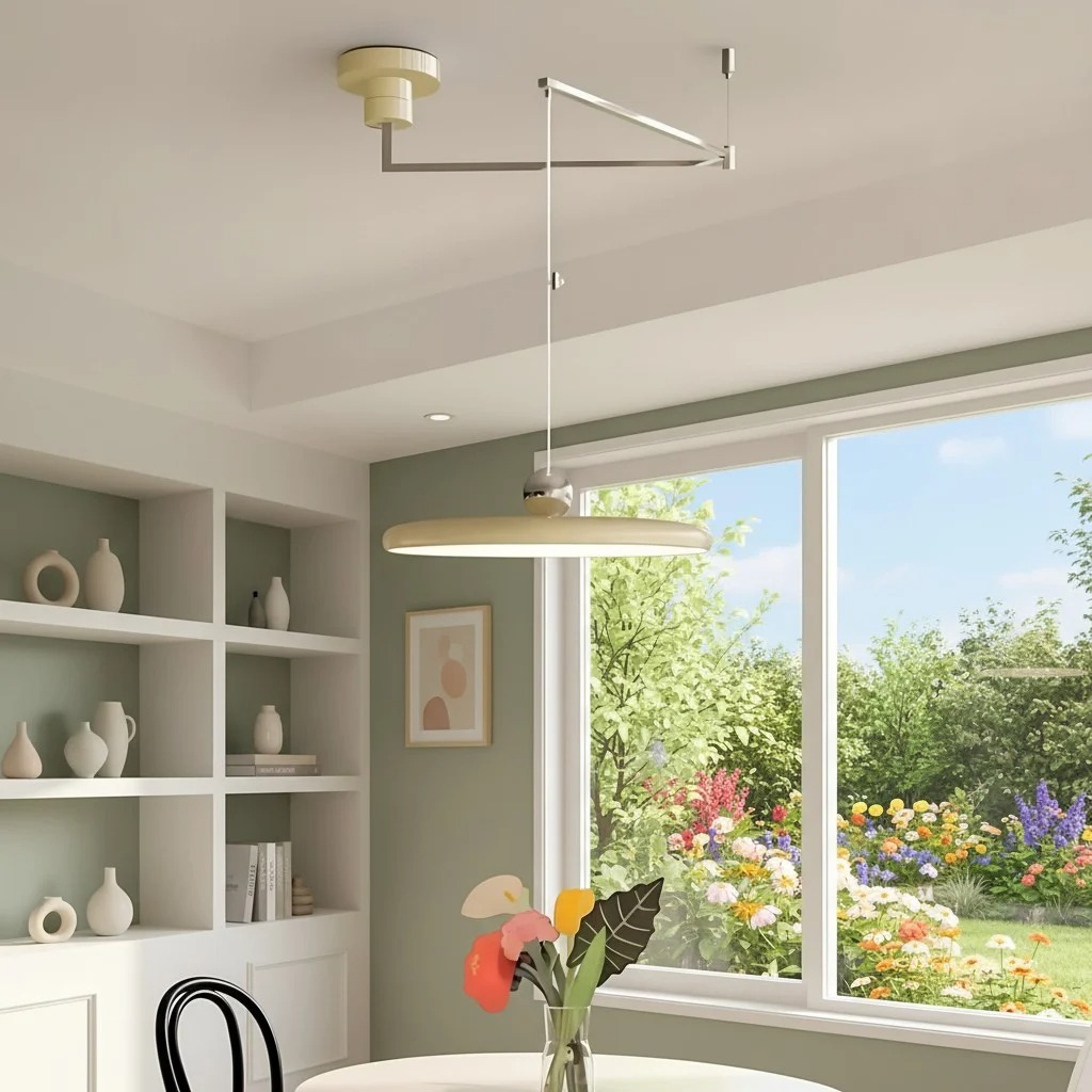 Beige zwenkarm hanglamp in een lichte eetruimte