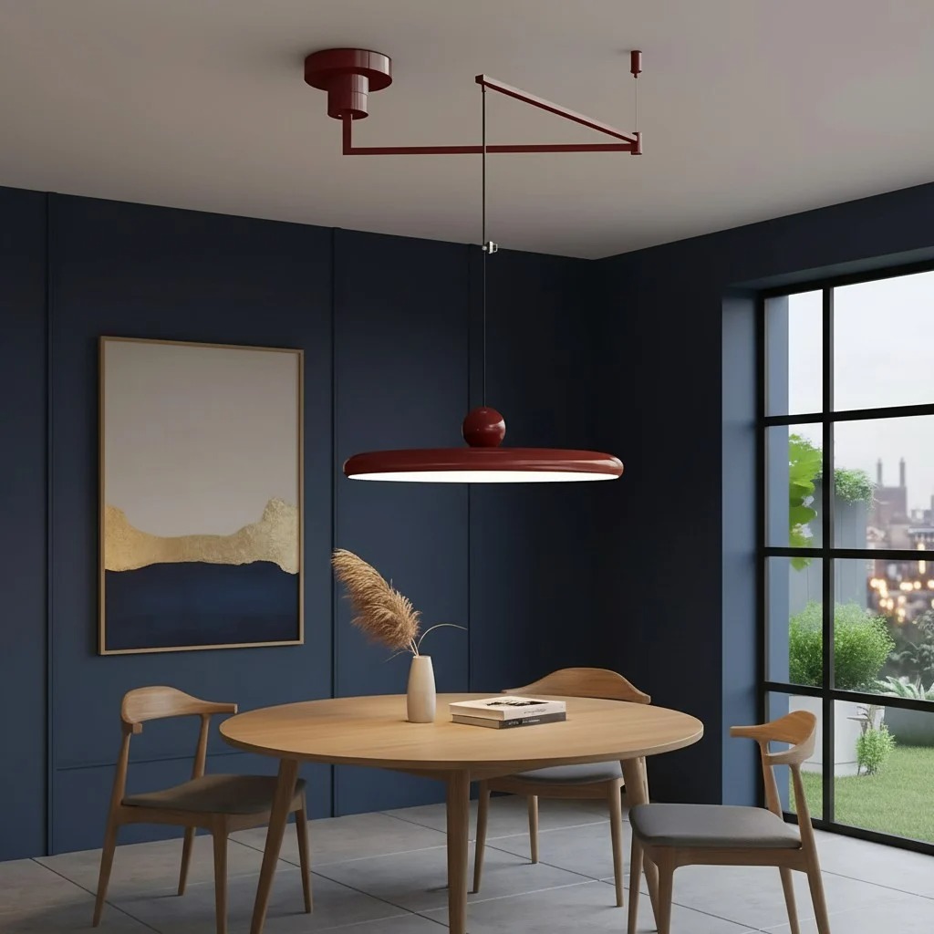 Rode hanglamp in een eetkamer met technische details