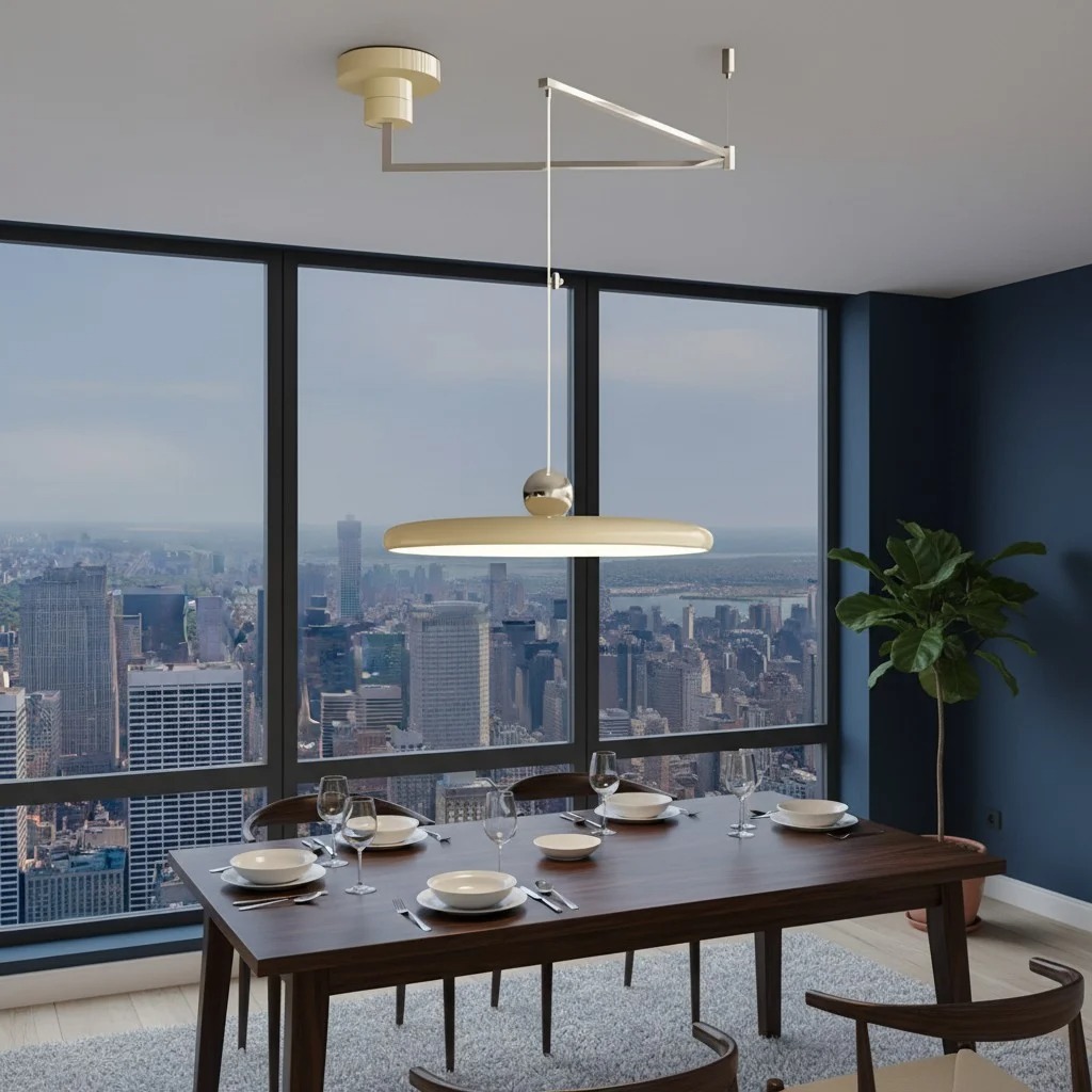 Beige hanglamp in een kamer met uitzicht