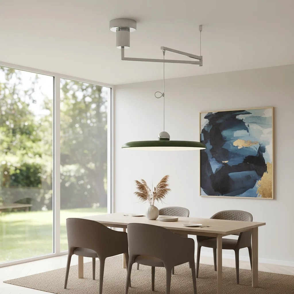 Groene zwenkarm hanglamp in een eetkamer