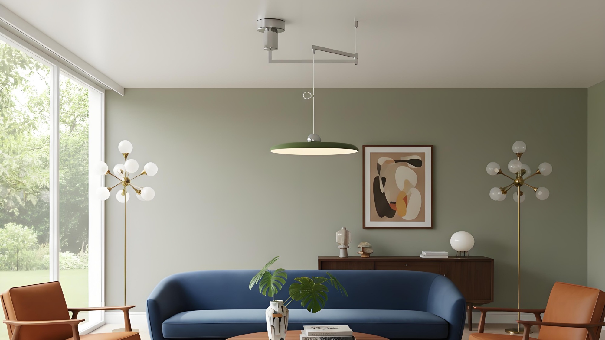 Minimalistische schijf hanglamp in een lichte leefruimte