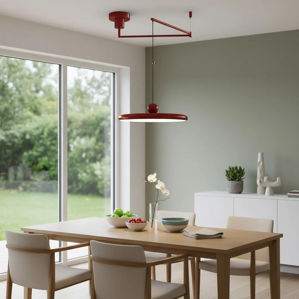 Rode hanglamp boven een moderne eettafel