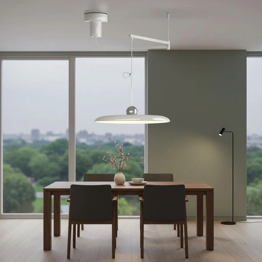 Witte zwenkarm hanglamp boven een eettafel