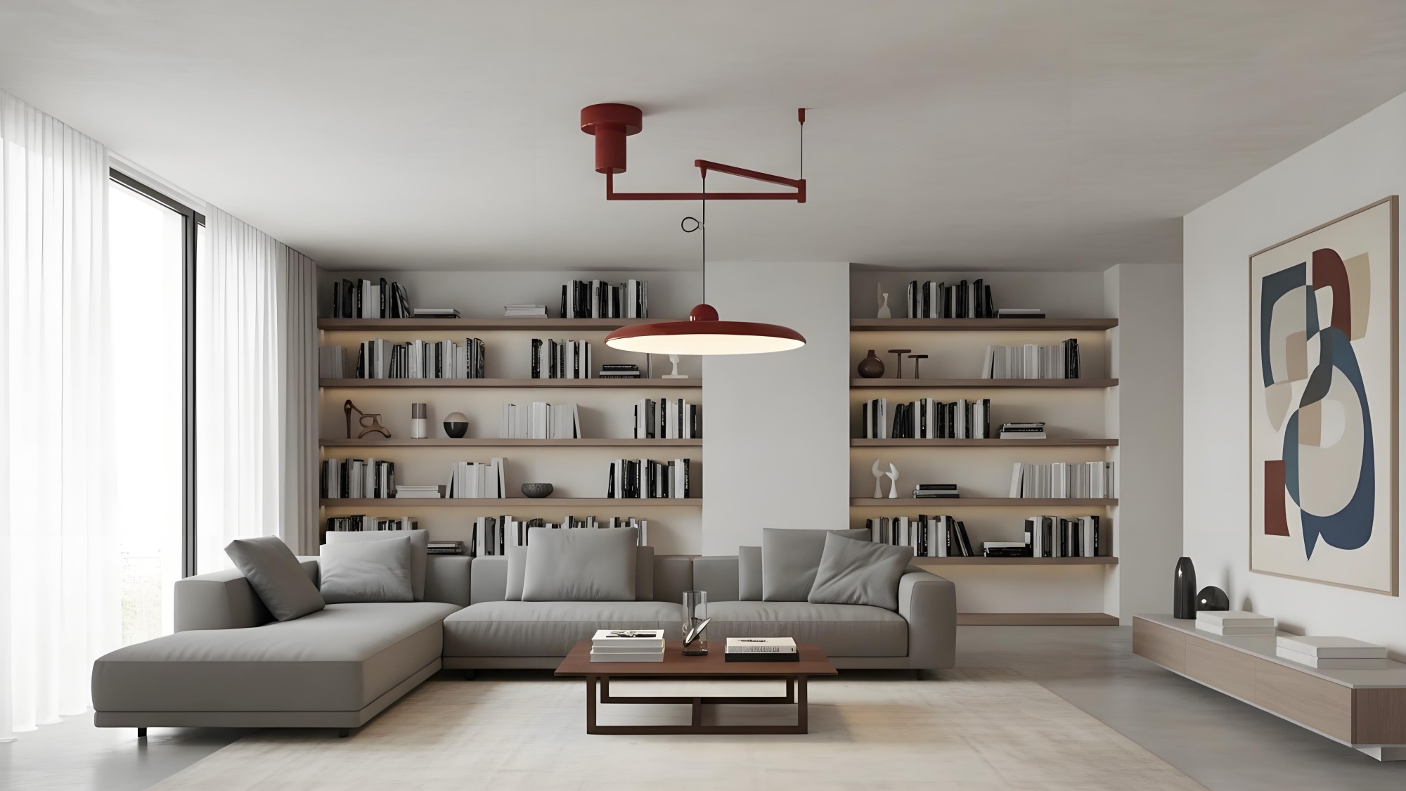 Verstelbare zwenkarm hanglamp in een moderne woonkamer