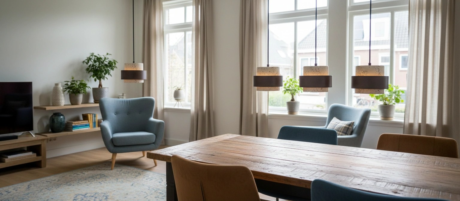 Travertin hanglamp in een lichte eetkamer