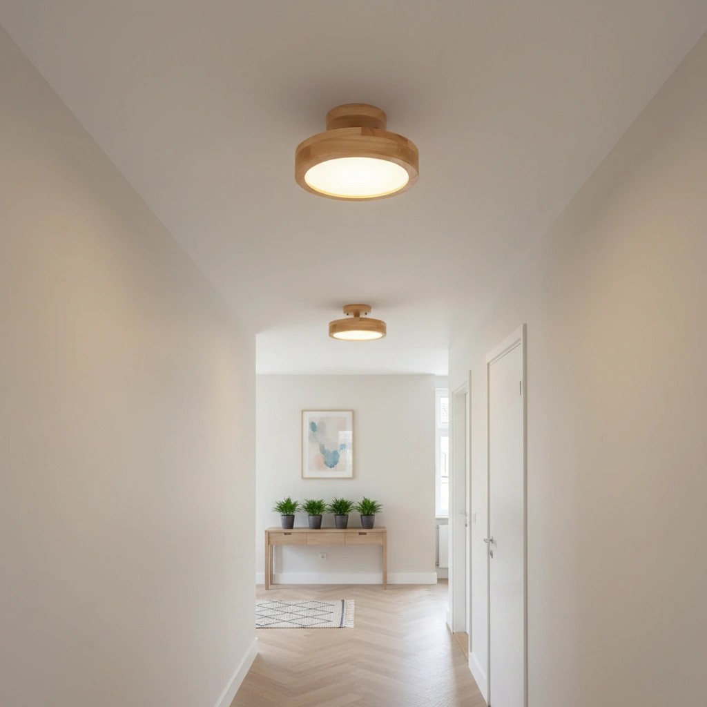 Houten plafondlamp in gang
