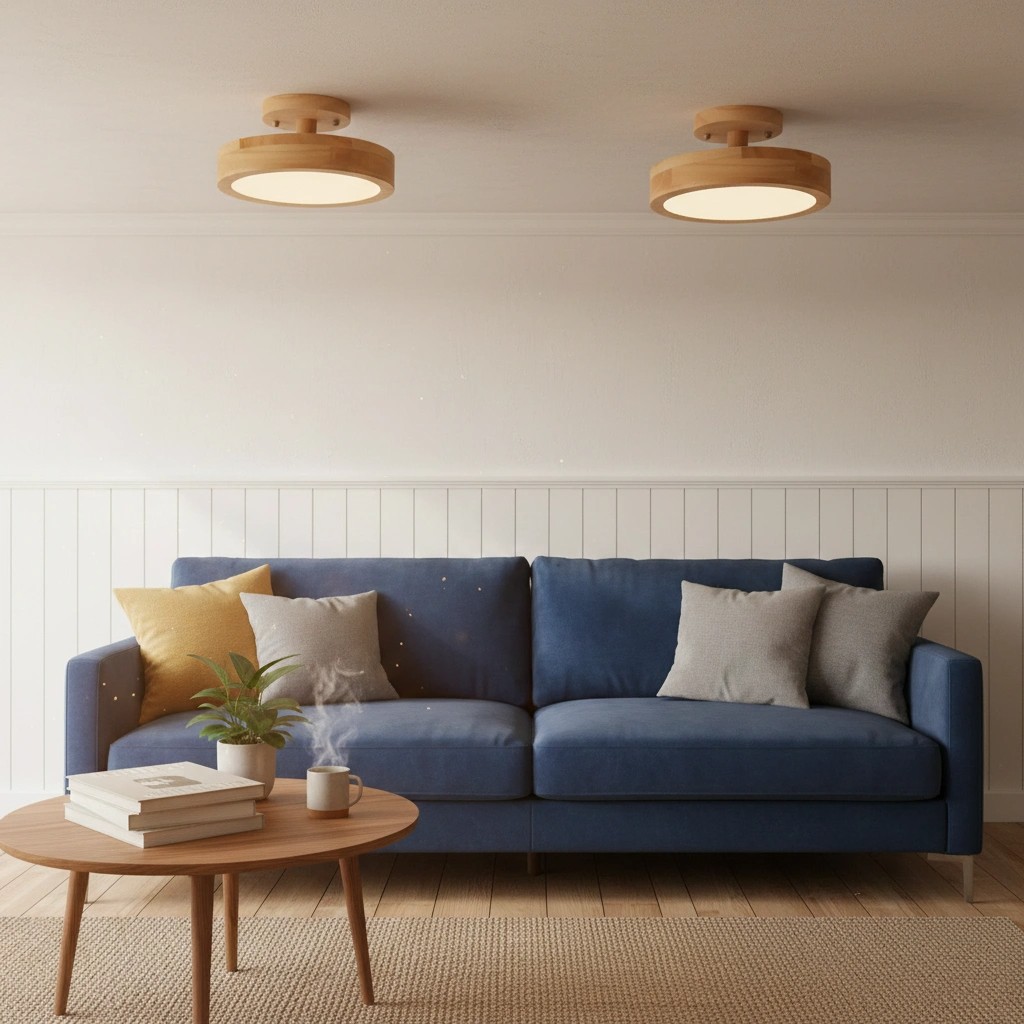 Twee houten plafondlampen boven bank