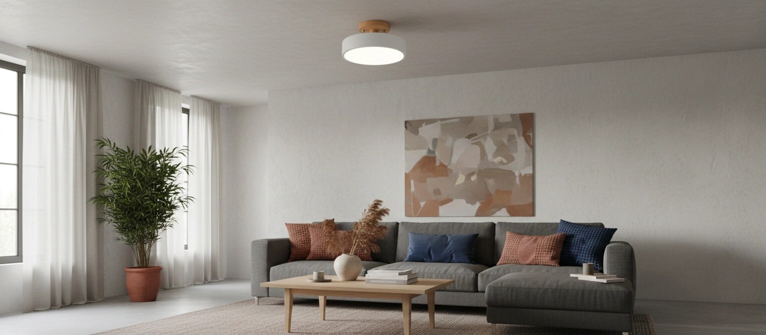 Scandinavische houten plafondlamp in woonkamer