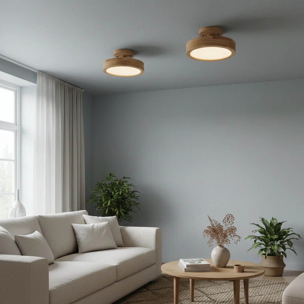 Houten plafondlampen in woonkamer