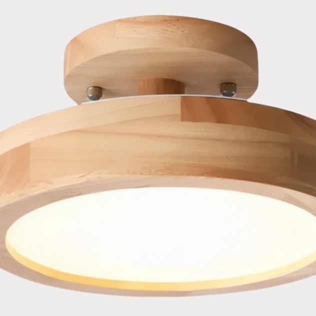 Houten ronde plafondlamp detail