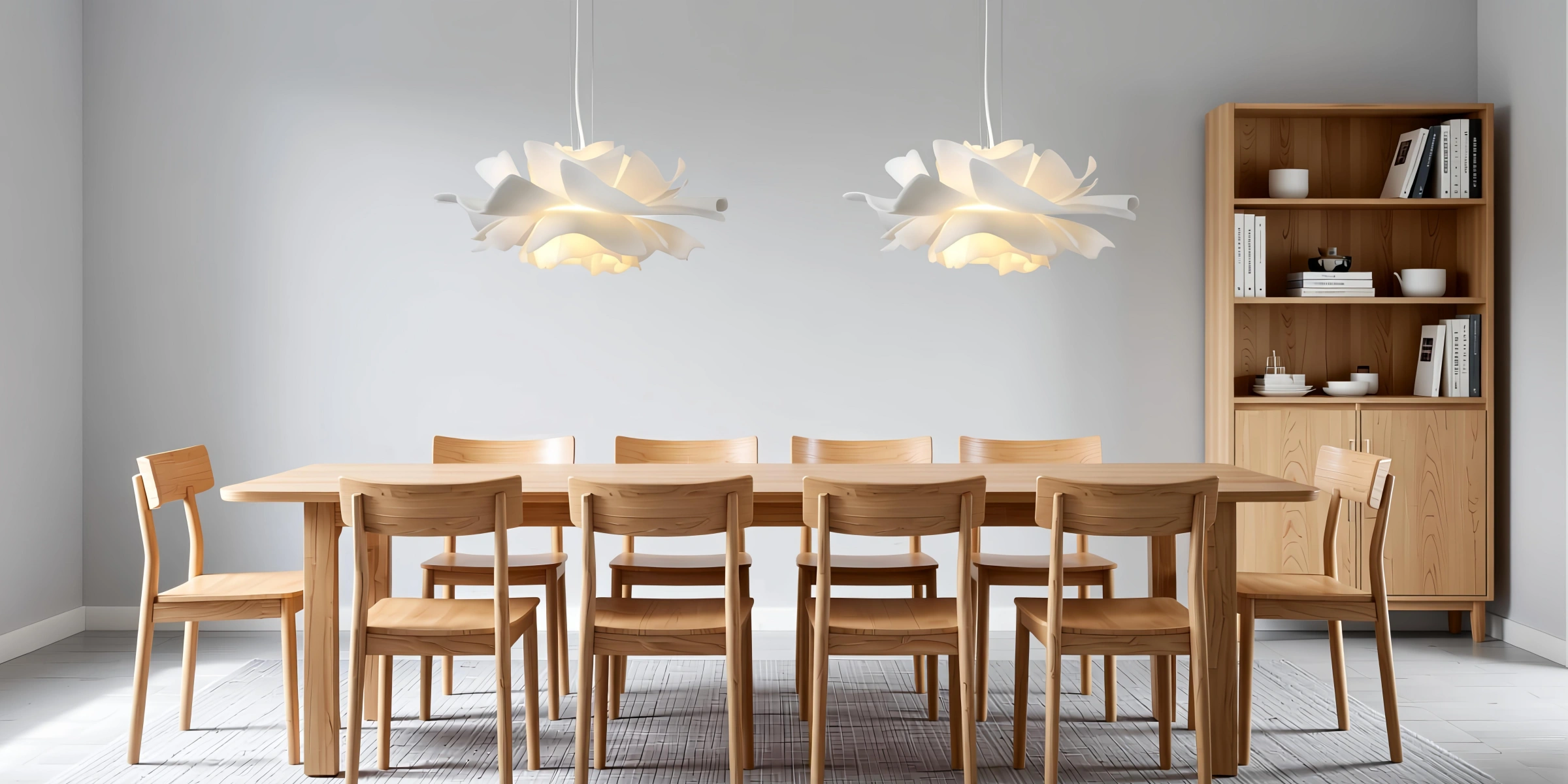 Hanglamp met lotusbloemmotief boven een eettafel