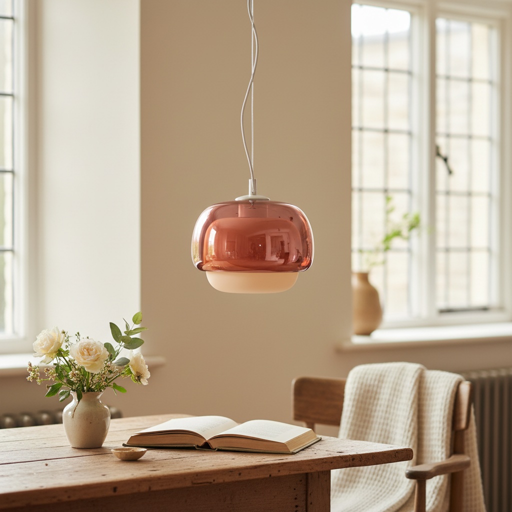 Roze Clinco hanglamp boven houten tafel