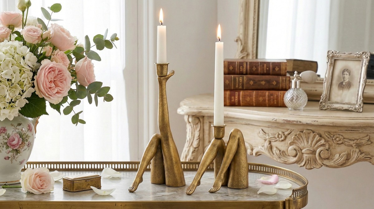 Gouden kaarsenhouders in interieur