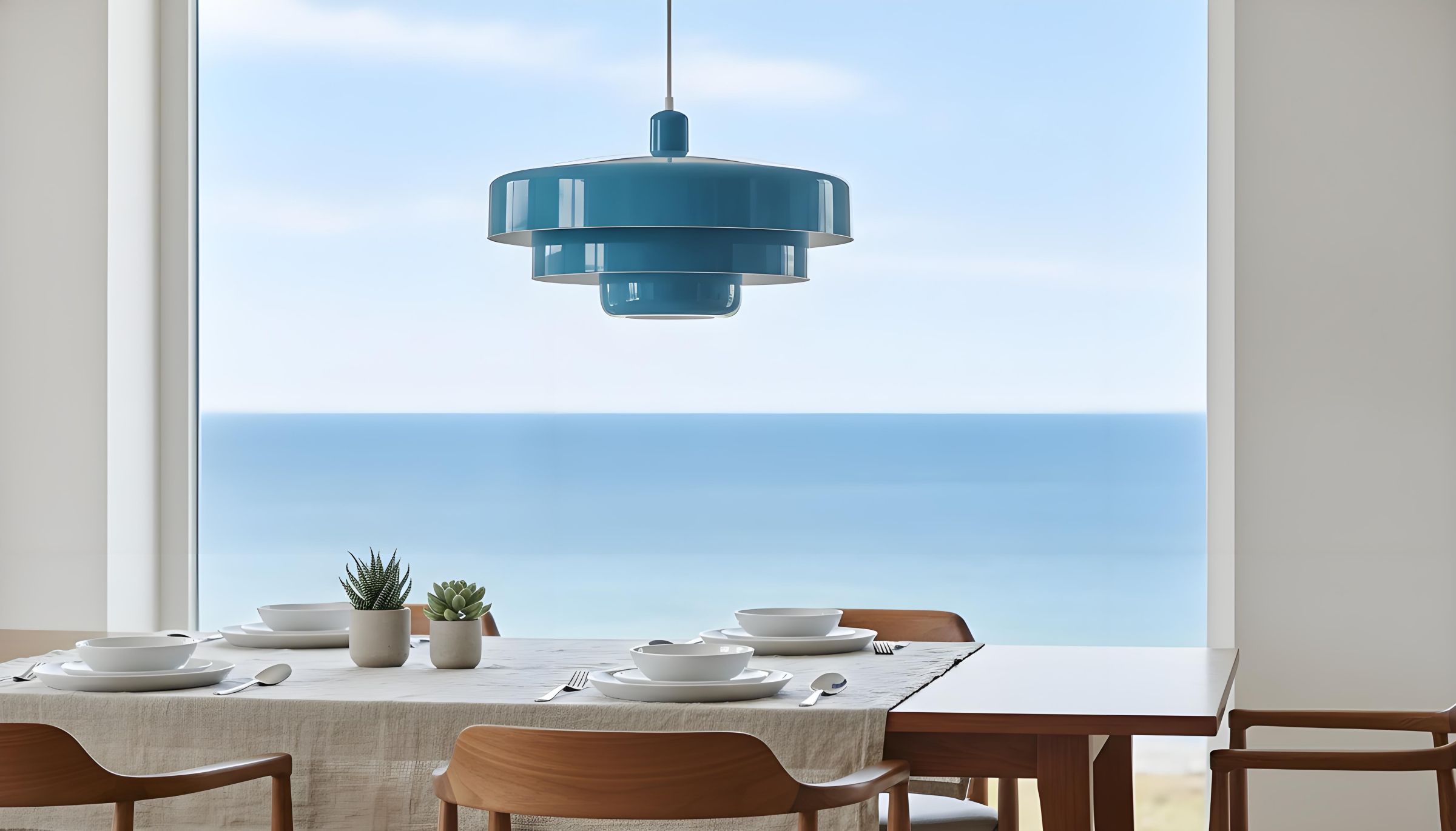 Blauwe Nordic Macaron hanglamp aan zee
