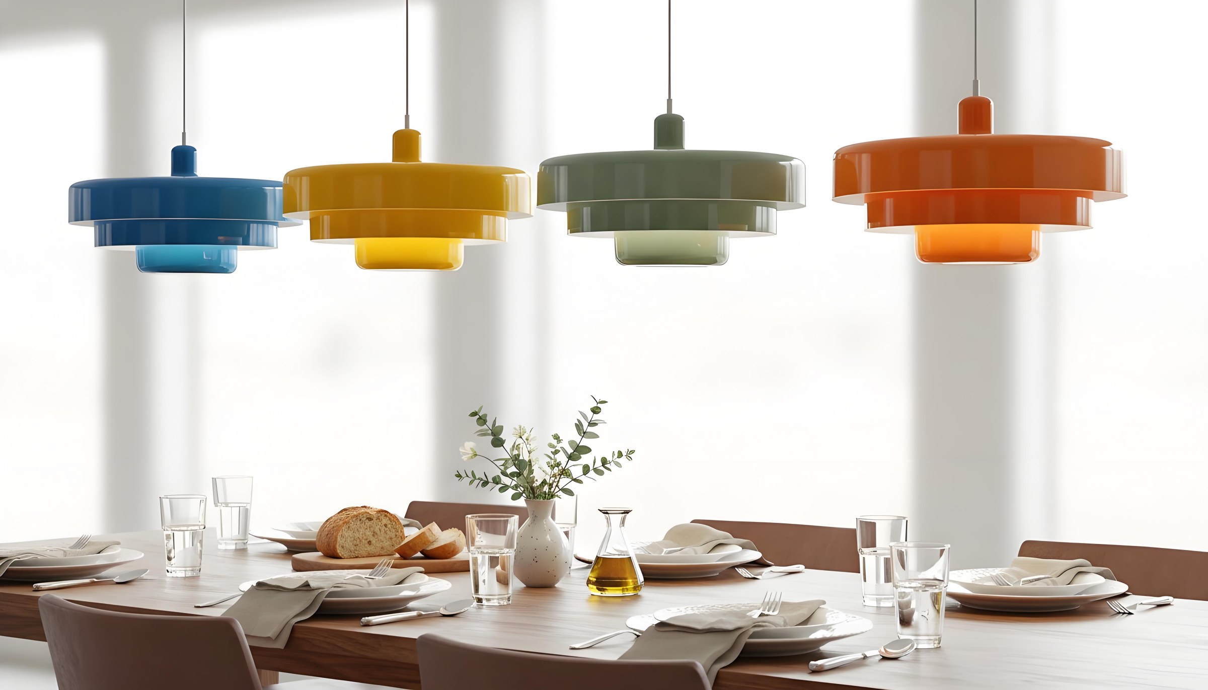 Nordic Macaron drielaagse hanglamp boven een eettafel