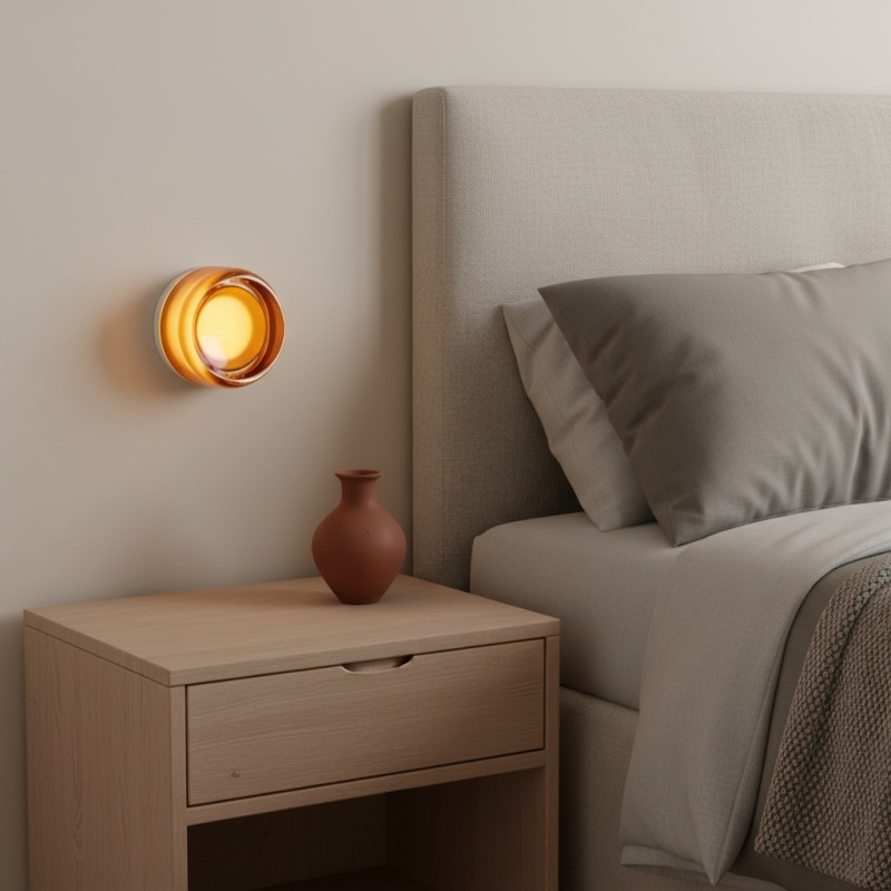 Amber LumiCurve wandlamp bij nachtkastje