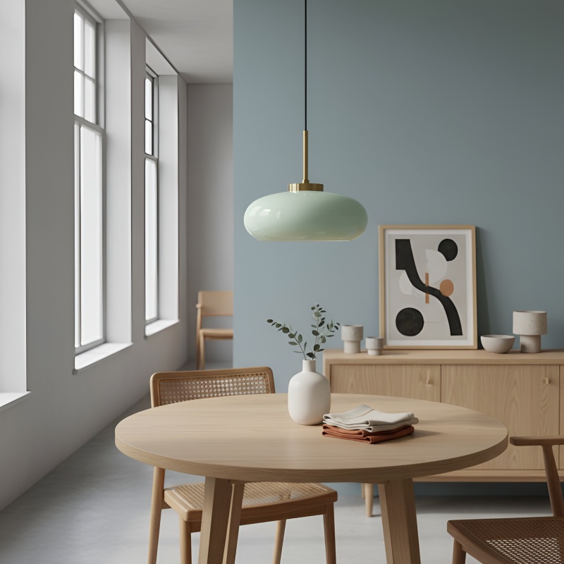 Mintgroene Bauhaus hanglamp in lichte kamer