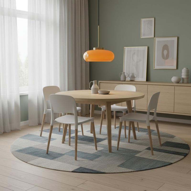 Oranje Bauhaus hanglamp in gezellige eetkamer