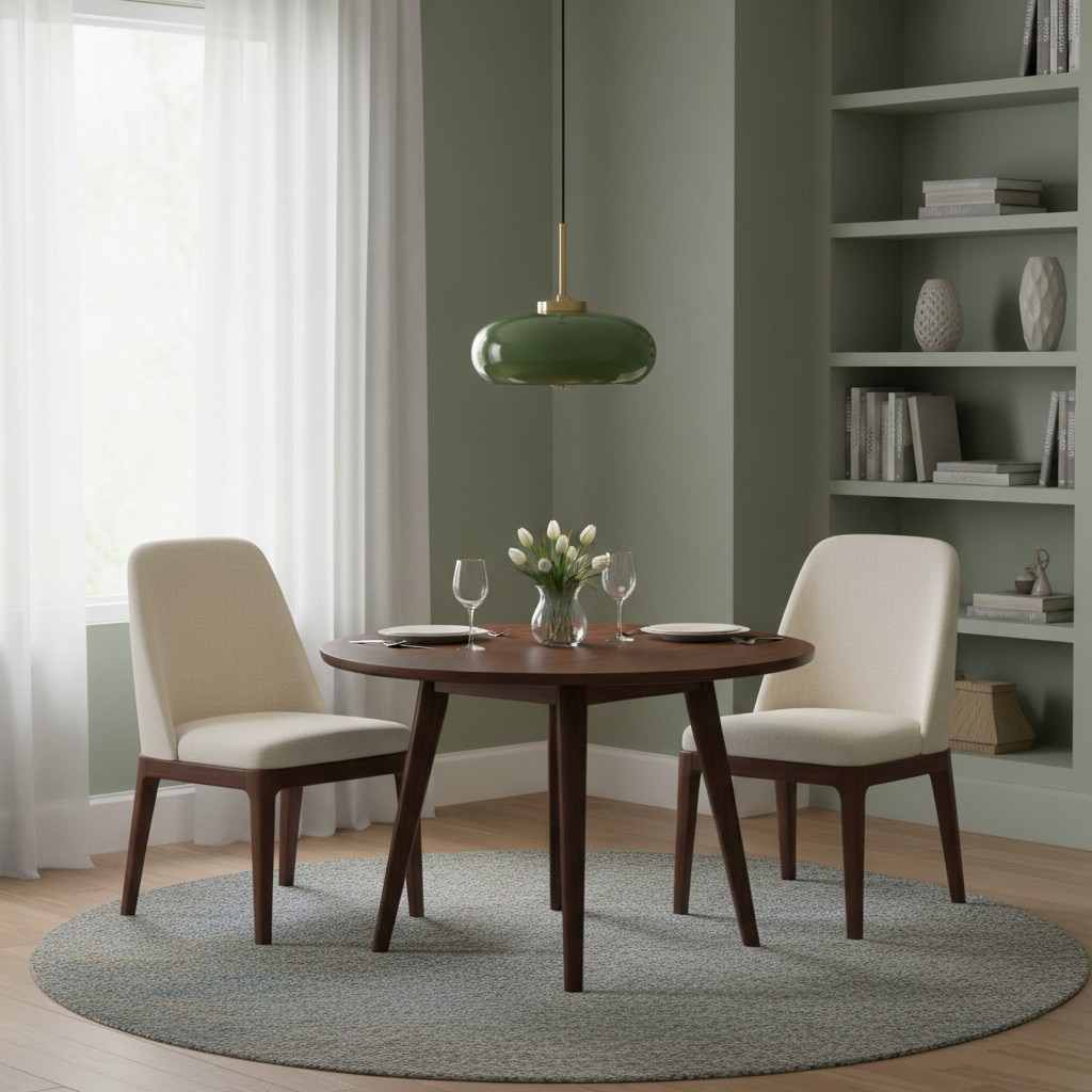 Donkergroene Bauhaus hanglamp boven ronde tafel