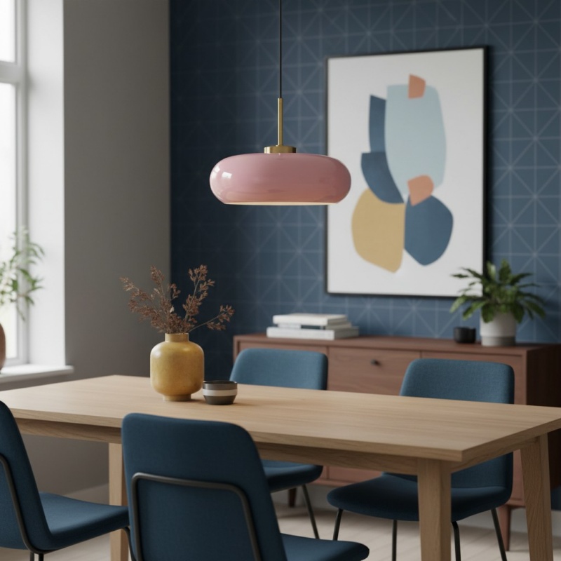 Roze Bauhaus hanglamp boven eettafel