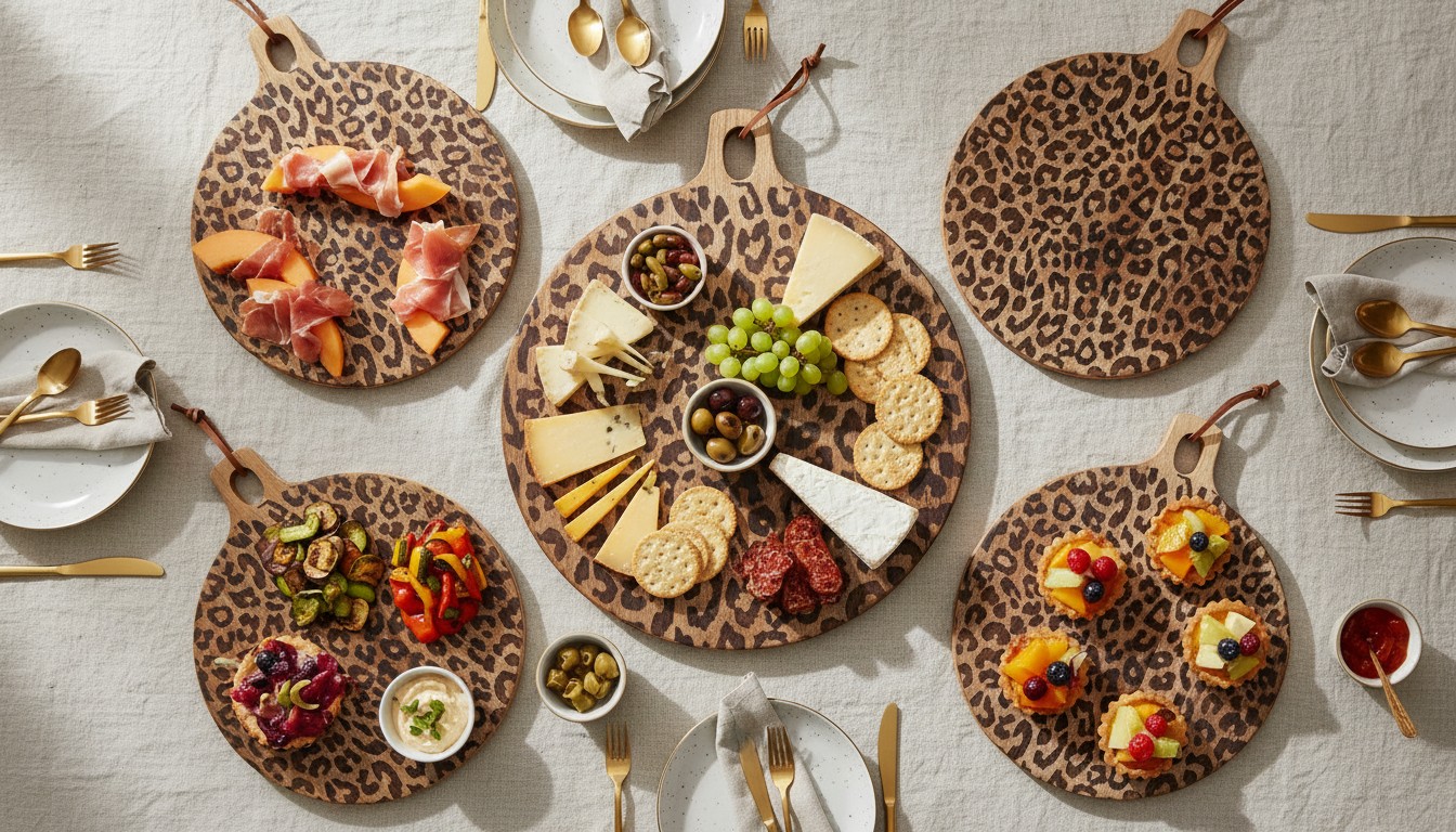 Leopard print houten serveerplanken op een gedekte tafel