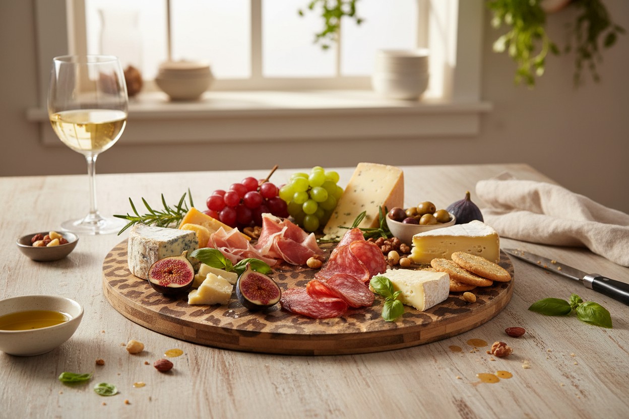 Ronde leopard print serveerplank met charcuterie