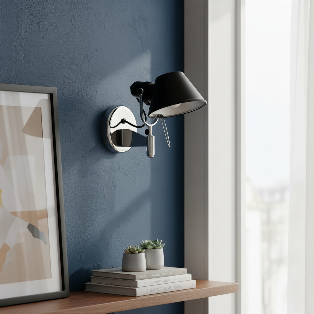 Zwarte wandlamp bij blauwe muur