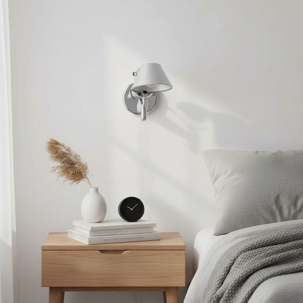Zilveren wandlamp naast bed