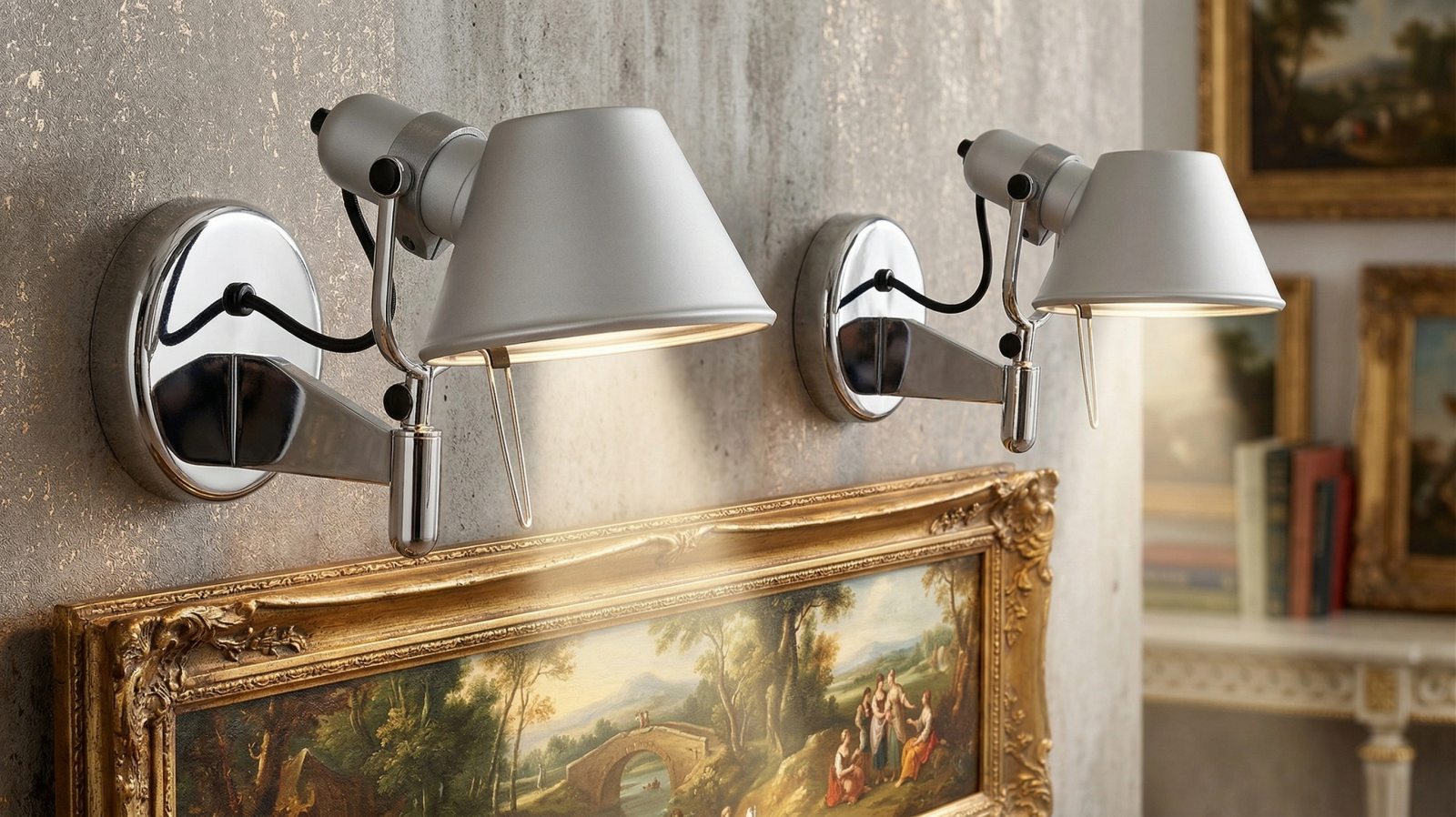 Draaibare metalen wandlamp in een interieur