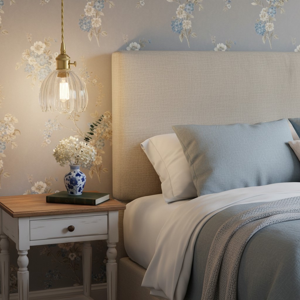 Transparante Blossix hanglamp naast een bed