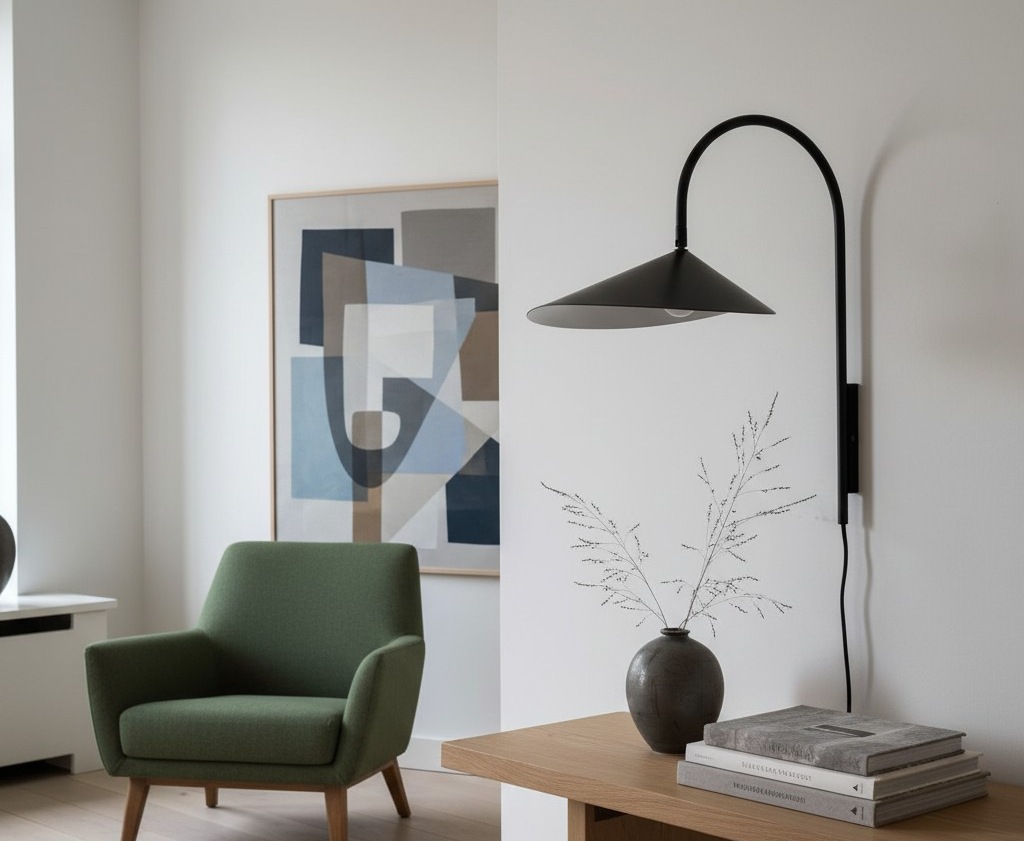 Nulavo wandlamp in interieur met groene stoel