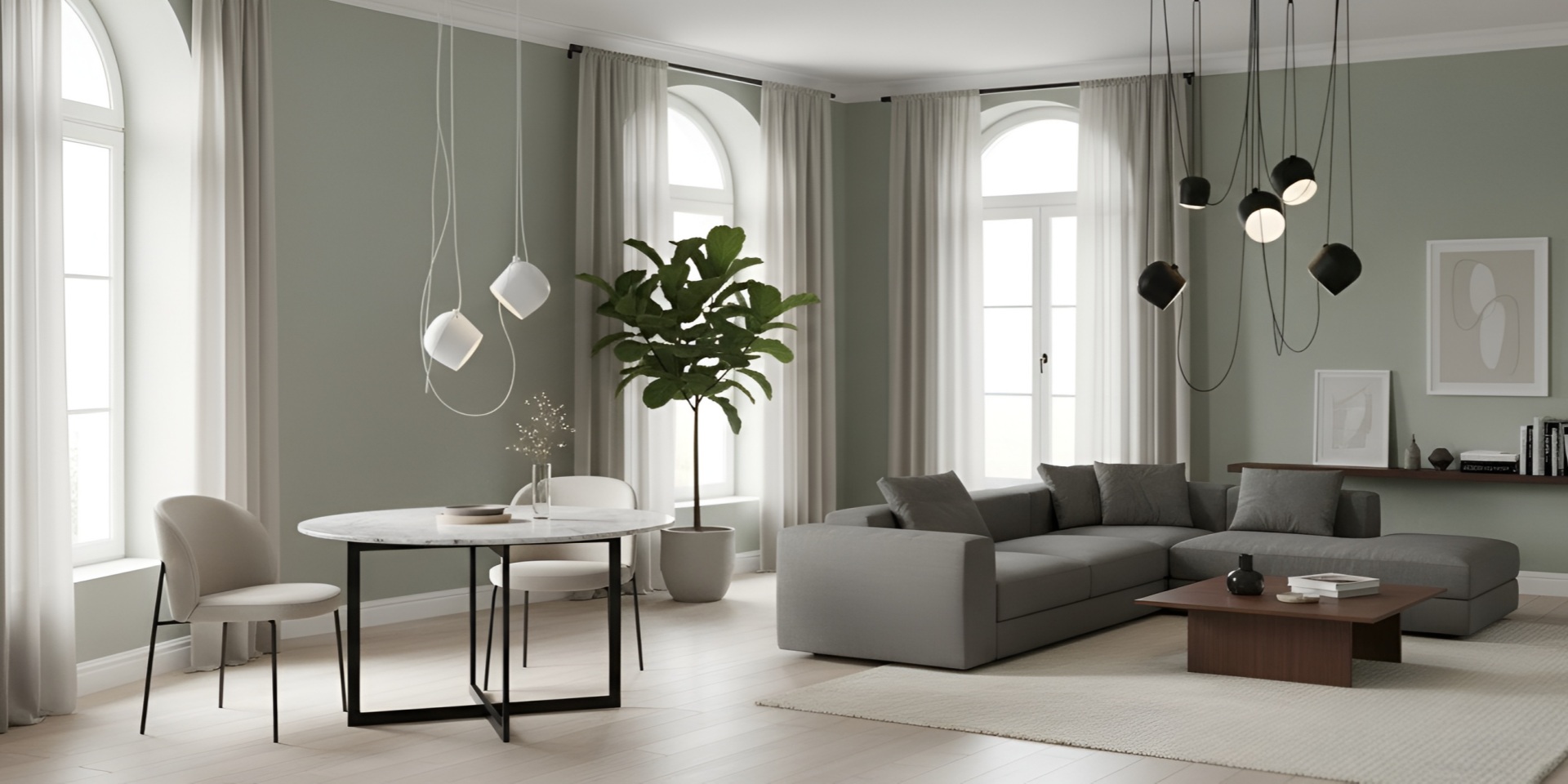 Minimalistische hanglamp van Aim in een lichte woonruimte