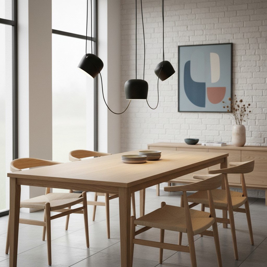 Zwarte Aim hanglamp boven een eettafel