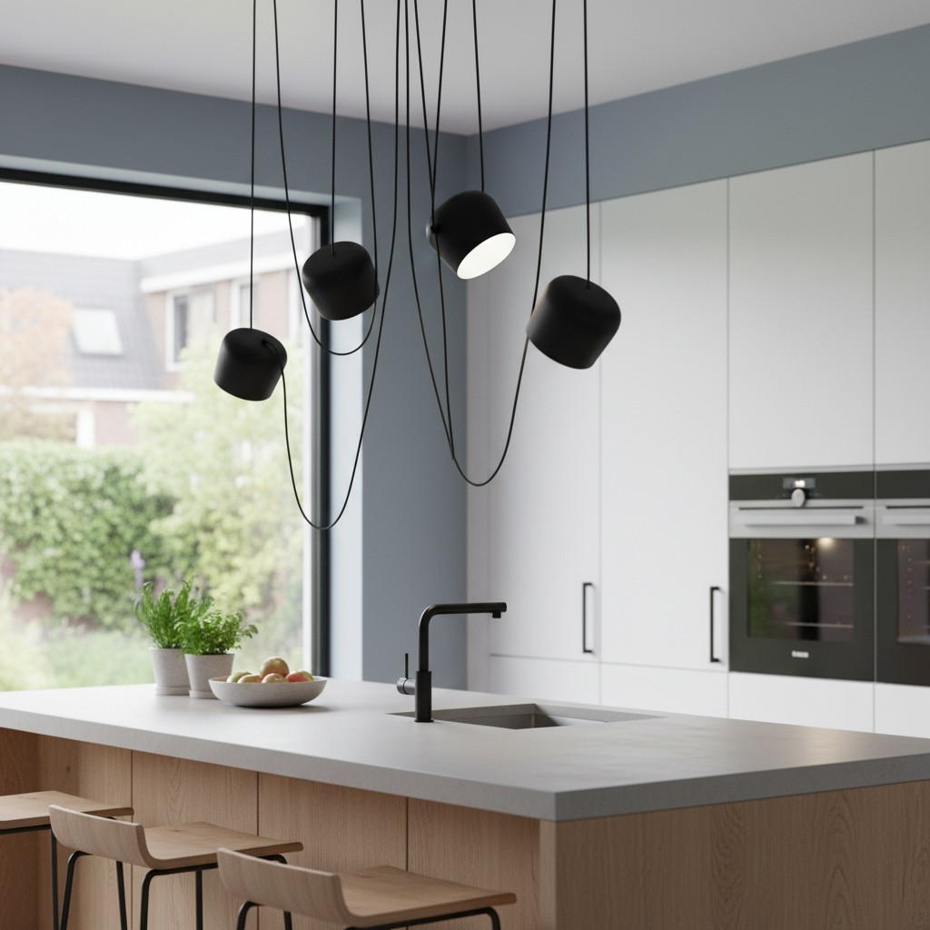Meerdere zwarte Aim hanglampen in keuken