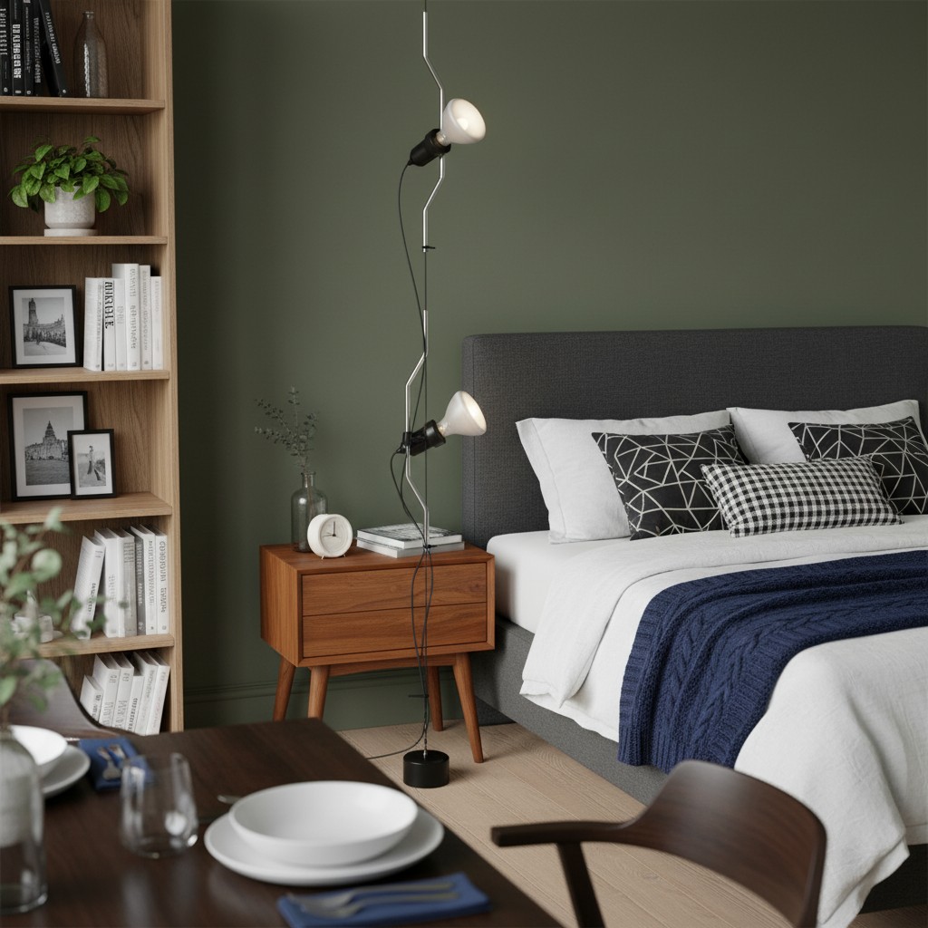 Parentesi lamp naast bed