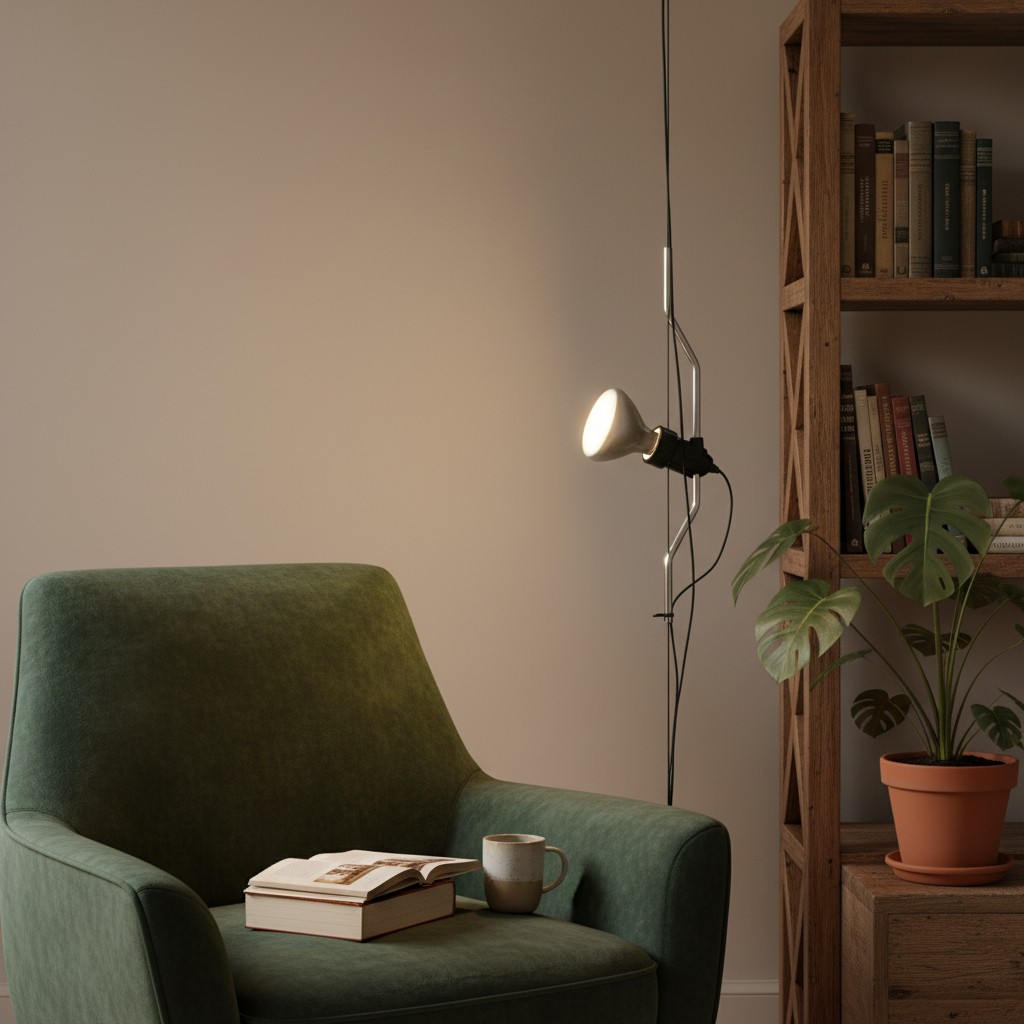 Parentesi lamp naast groene stoel