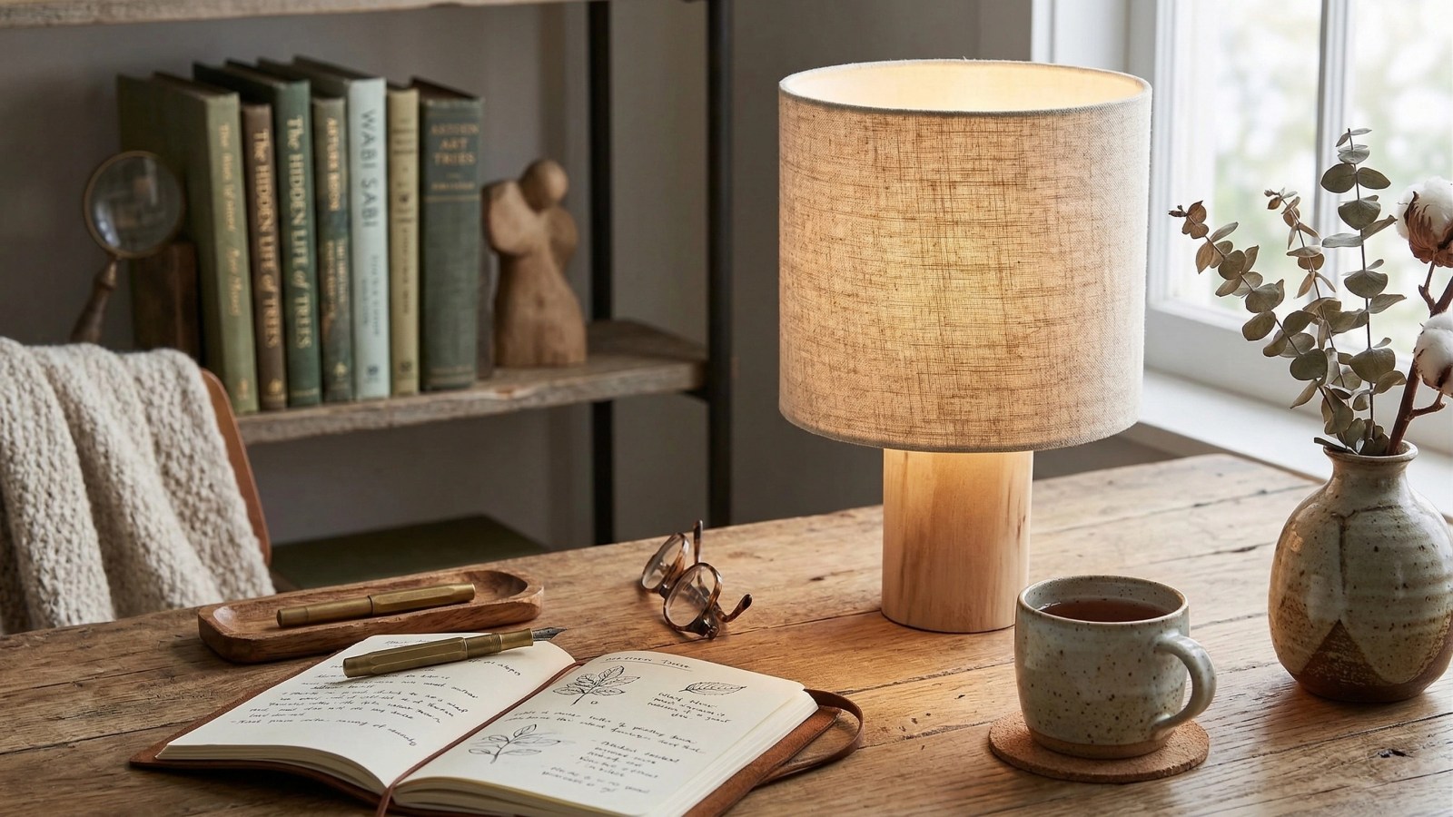 Linemora houten tafellamp met natuurlijke linnen kap op een houten tafel