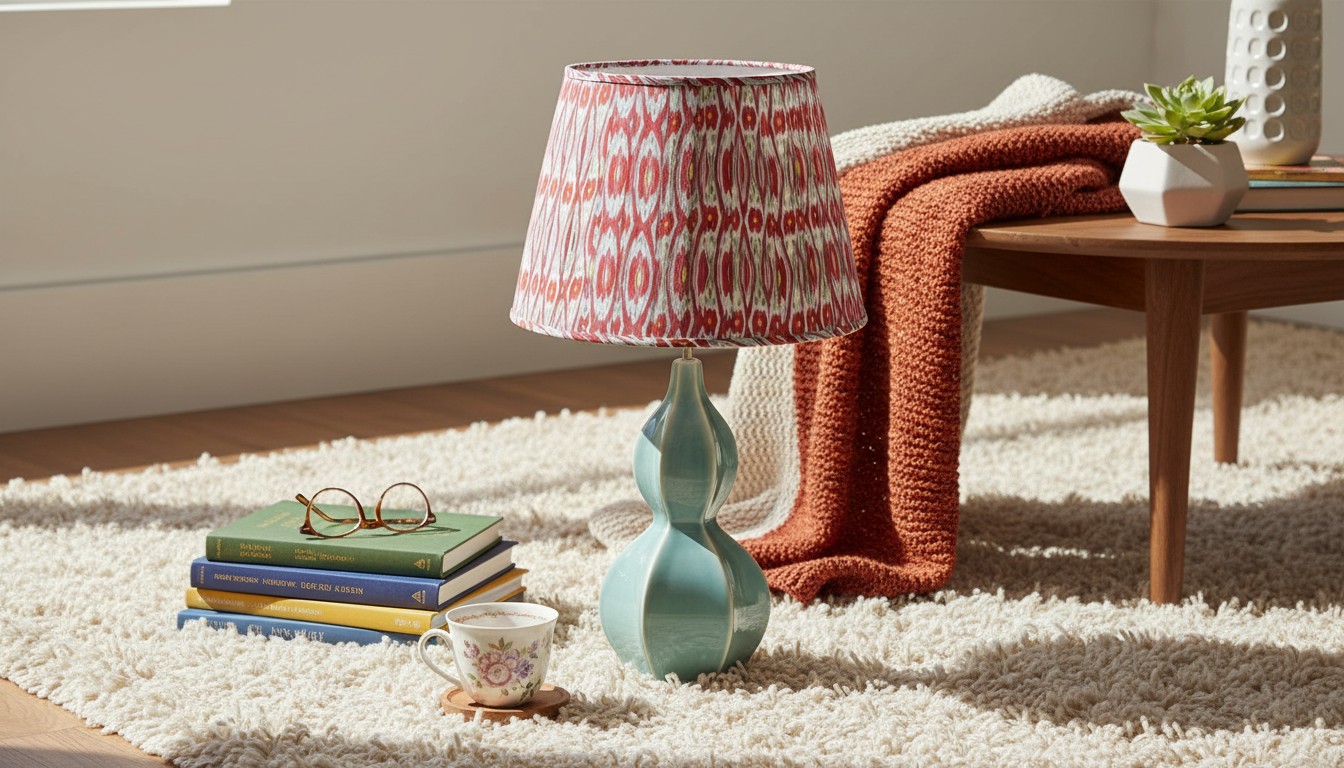 Thalune tafellamp met celadonkleurige keramische kalebasvoet en patroon lampenkap