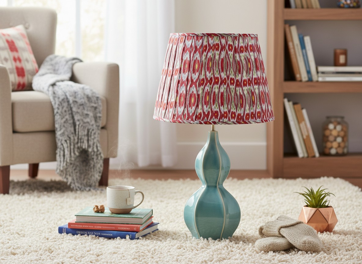 Thalune tafellamp in woonkamer naast technische details