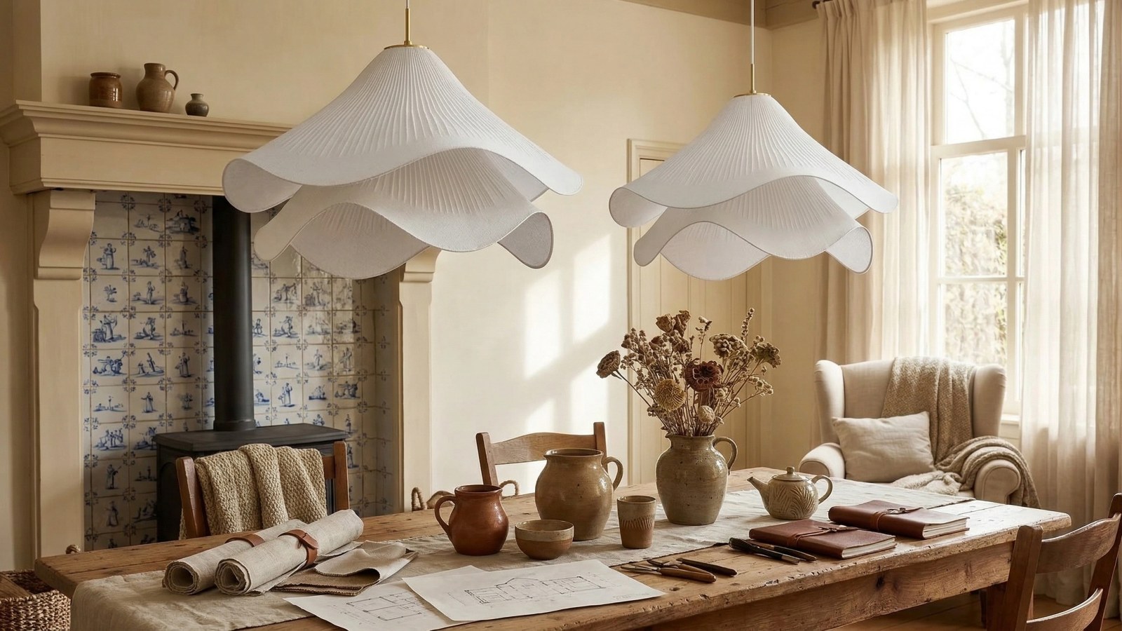 Hanglamp van geplooide stof met bloemenprint