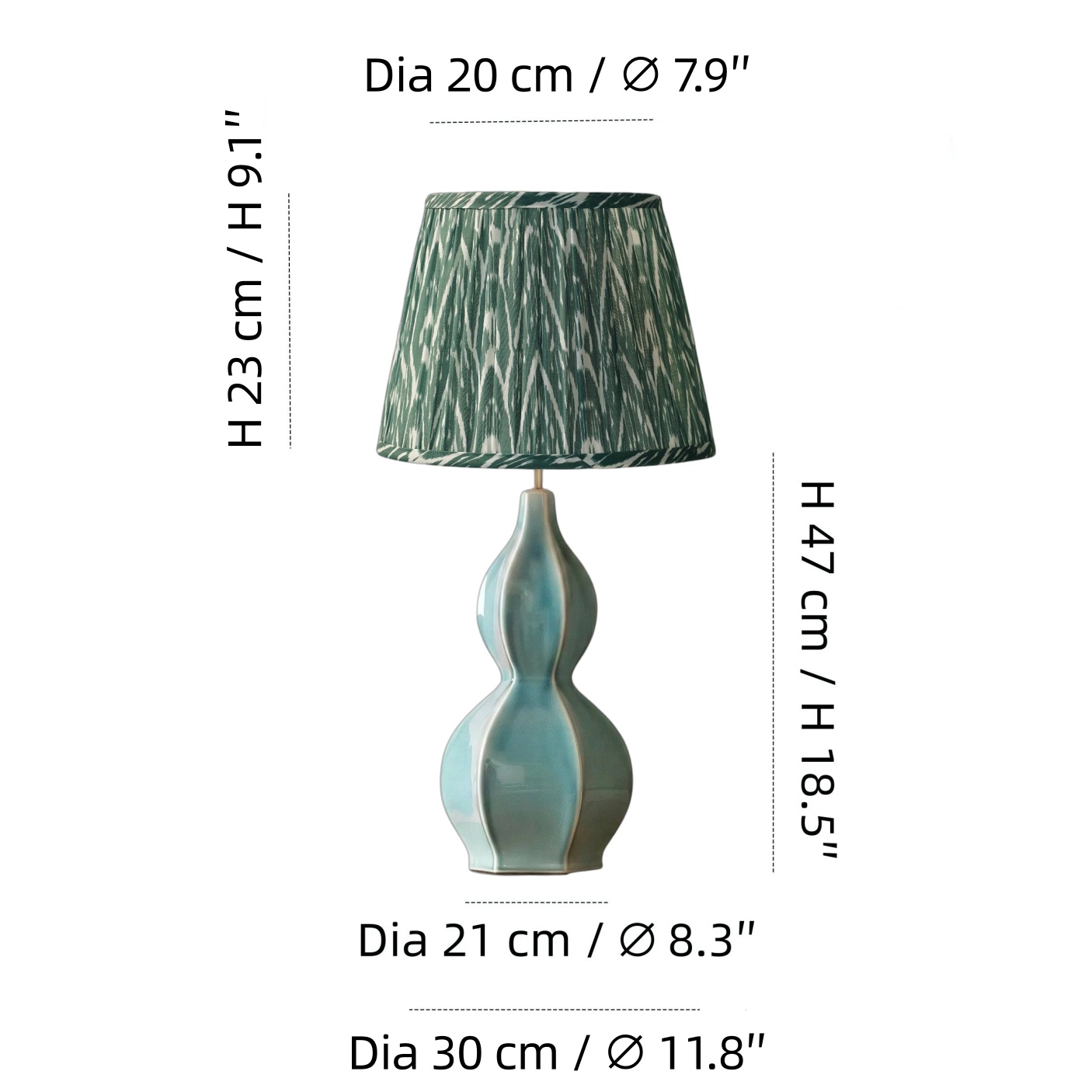 Groene Ikat lampenkap maatdiagram