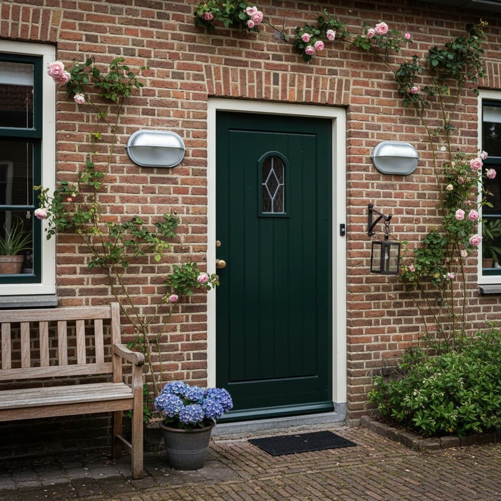 Docka wandlampen bij een groene voordeur