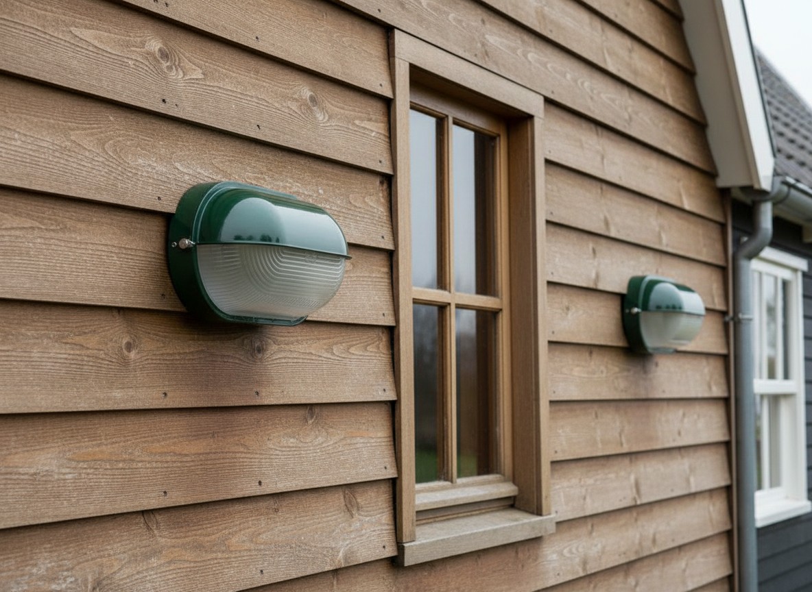 Docka wandlampen op een houten buitengevel