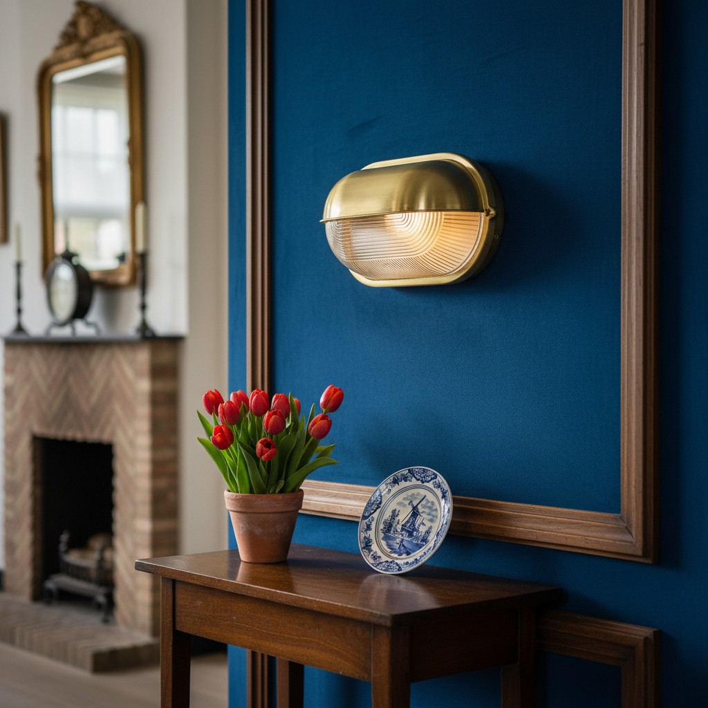 Docka wandlamp in een interieur met blauwe wand
