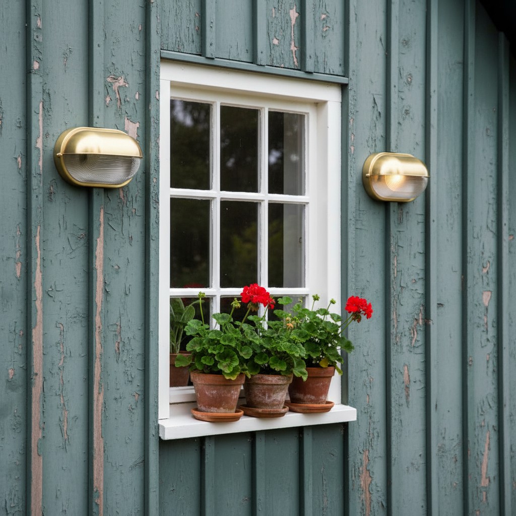 Gouden Docka wandlampen op een groene houten gevel
